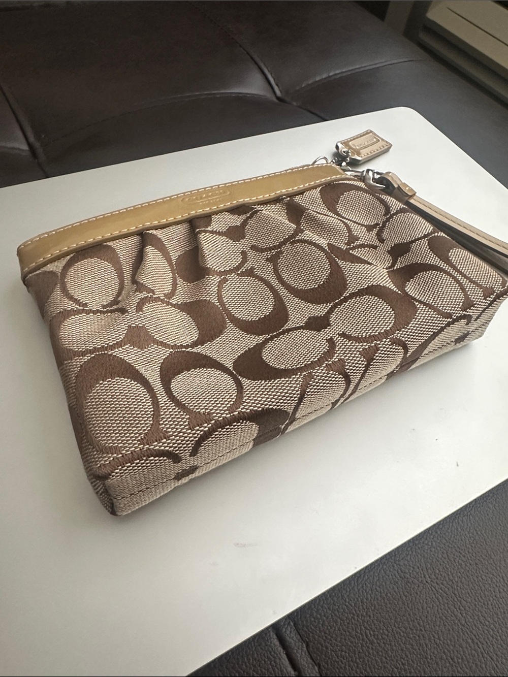 Coach Signature Canvas Wristlet with Tan Patent Leather Trim - Picture 2 of 10